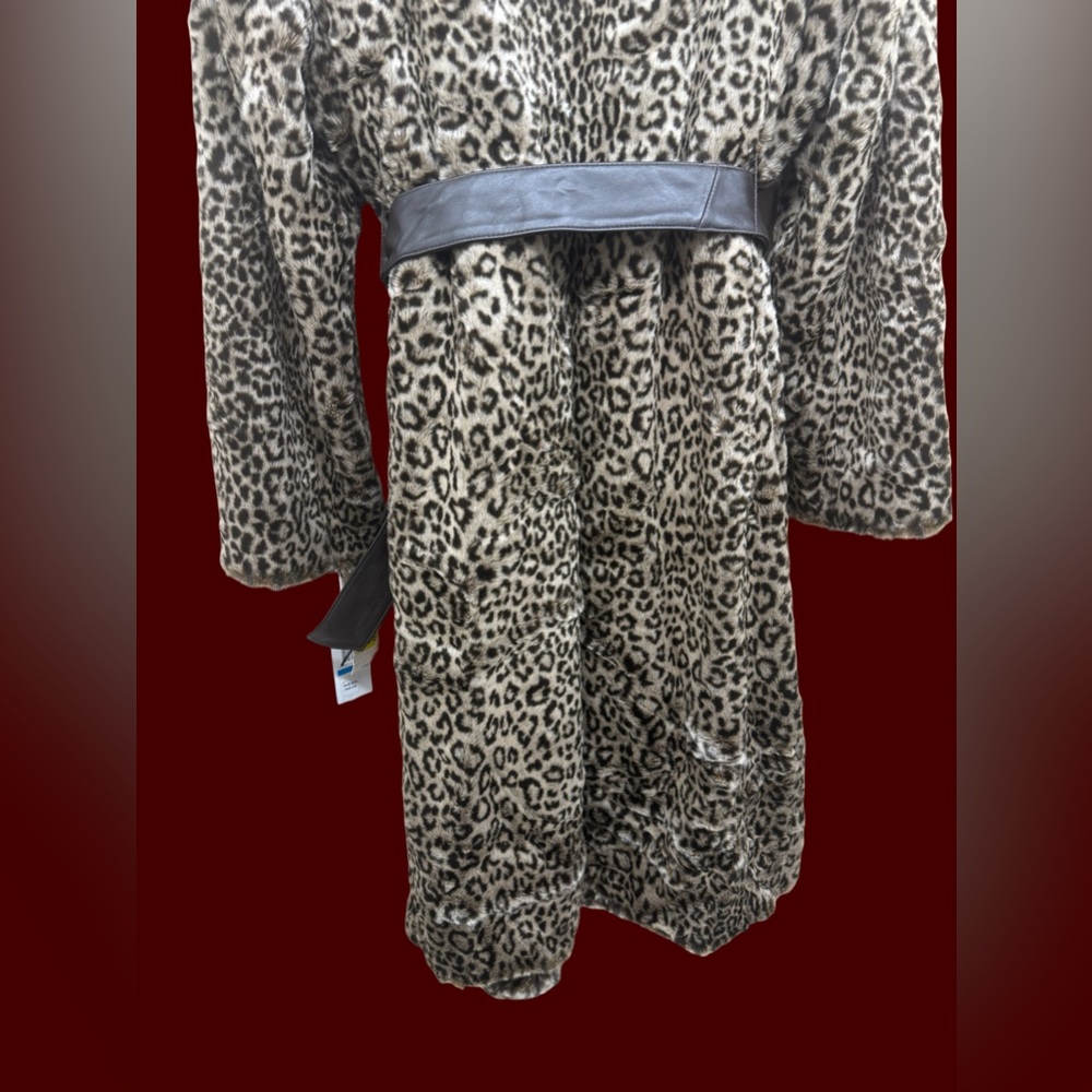 Calvin Klein Animal Print Faux Fur Coat with Brown Leatherette Belt - Picture 4 of 16